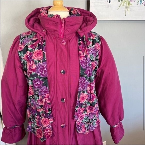 Vintage 80s Rothschild Coat Girls 14 Women’s S/M Pink Floral Puffer Jacket - Picture 4 of 9